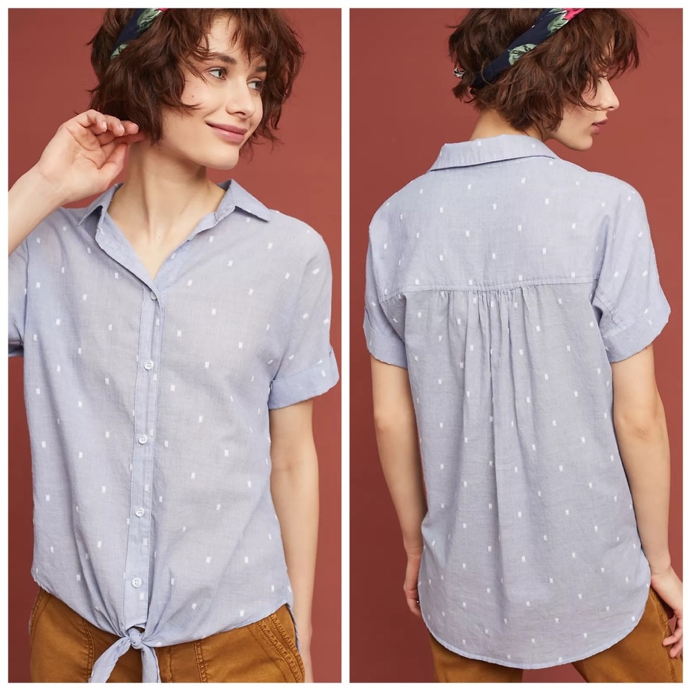 Anthropologie Cloth and Stone Clip Dot Button Down Short Sleeve Tie Front Top